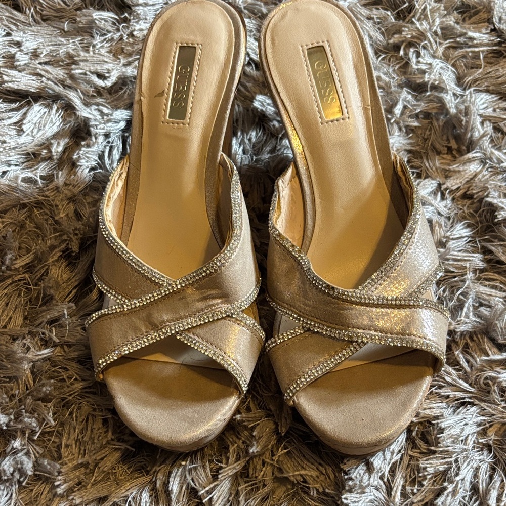 GUESS Metallic Gold Crisscross Rhinestone Slide Mules